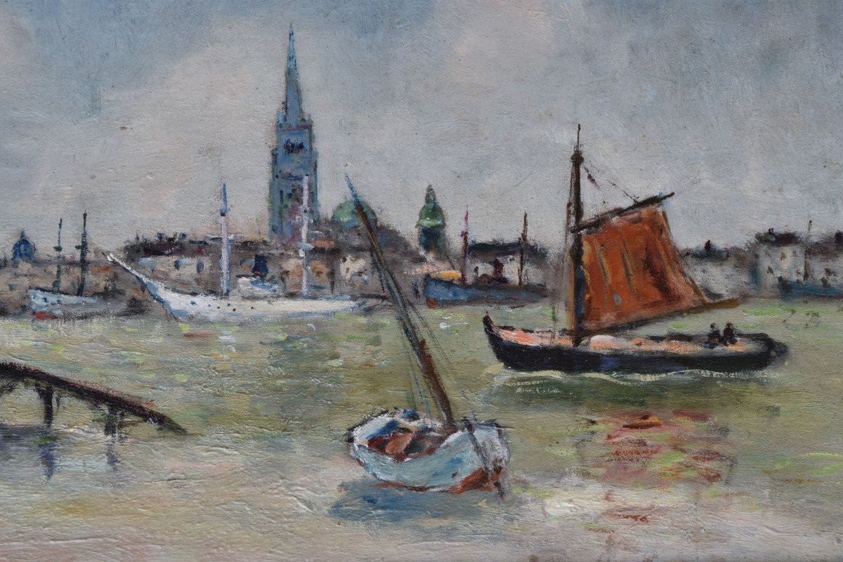 Albert LEPREUX "Le port d' "Anvers"" 1939 huile sur toile 27x46-photo-2